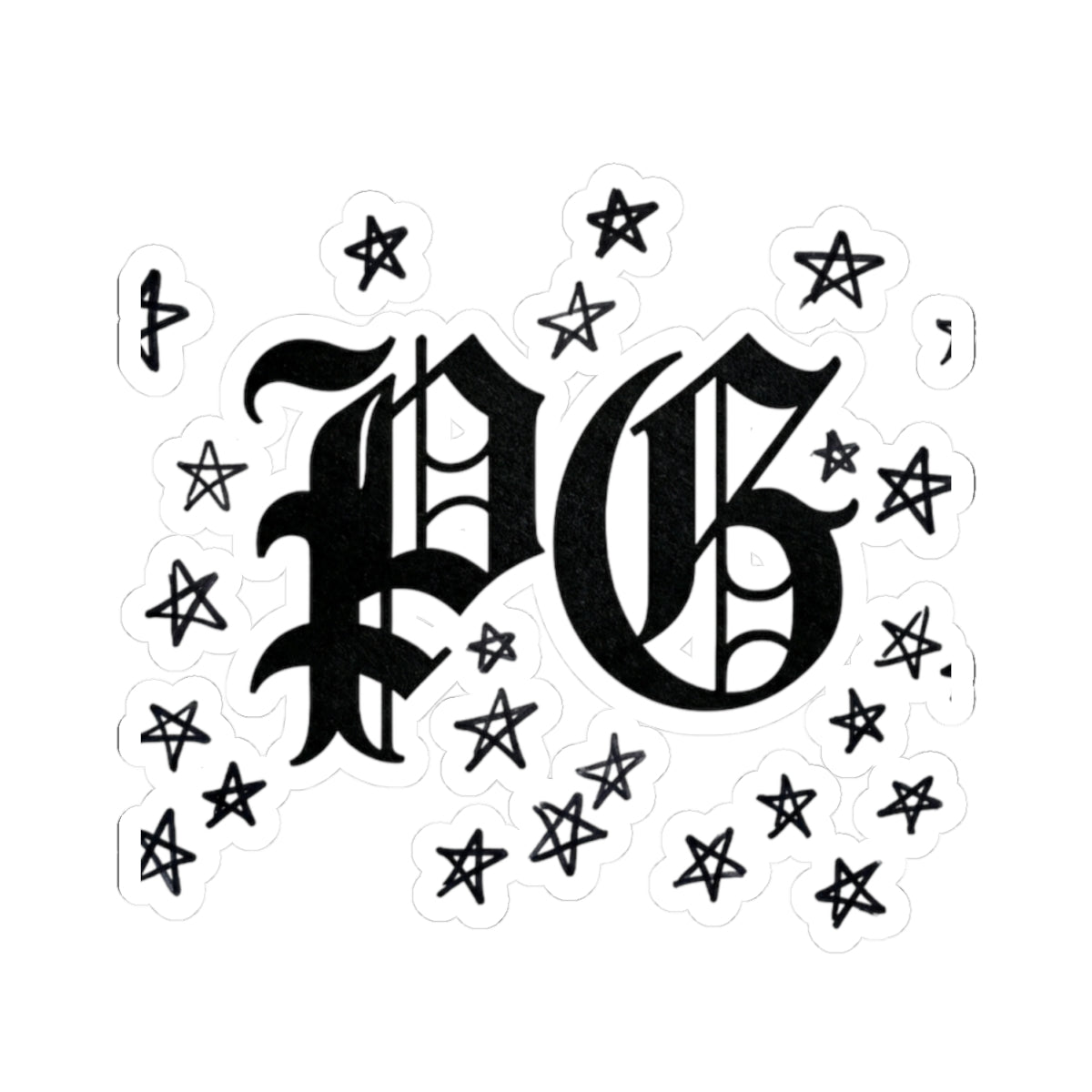 PG Gothic Monogram Sticker — Kiss-Cut Star Scatter Laptop Decal