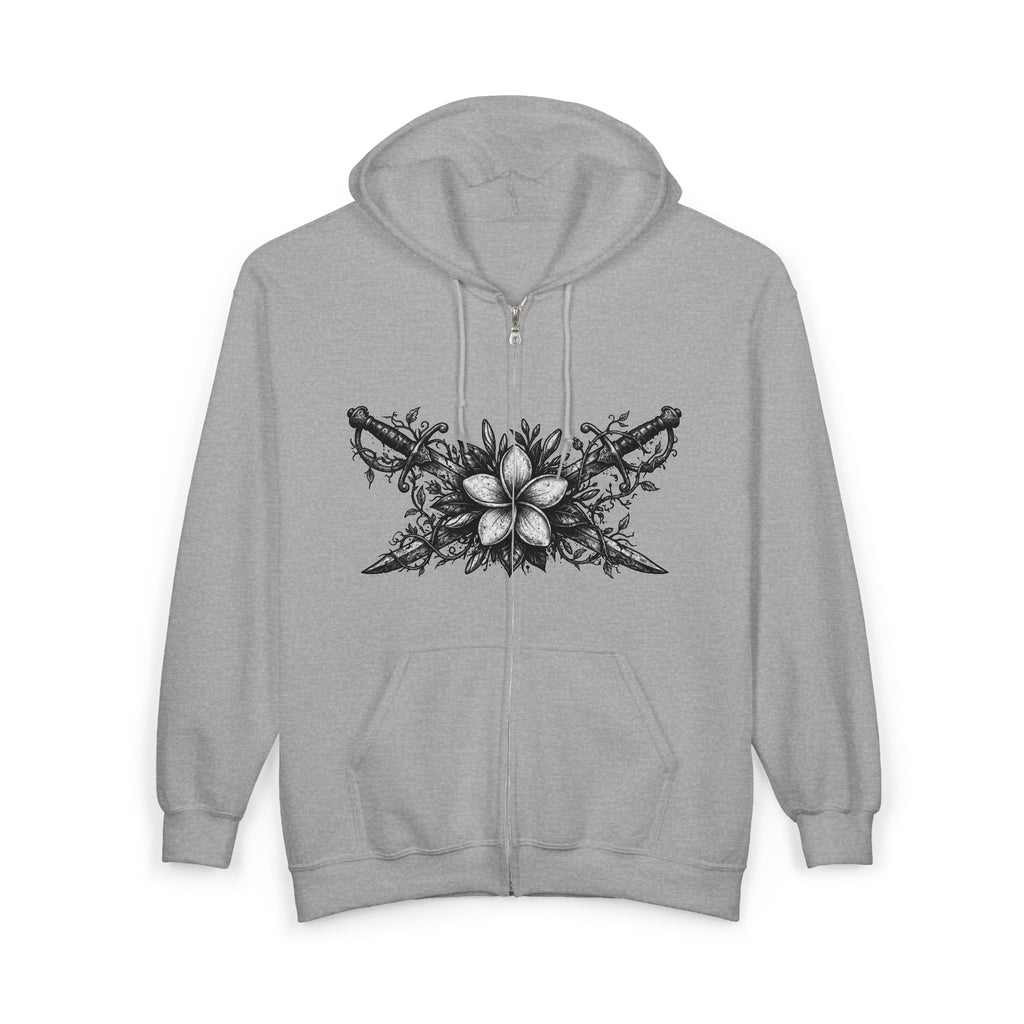 Floral Gothic Zip Hoodie — Monochrome Plumeria & Star Back Print