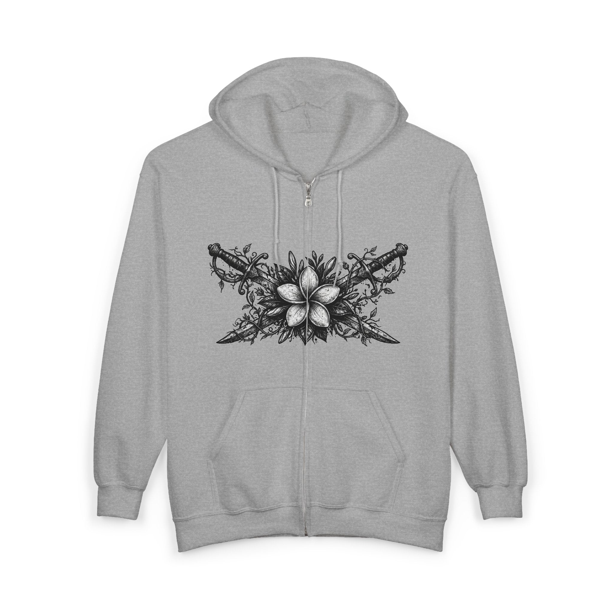 Floral Gothic Zip Hoodie — Monochrome Plumeria & Star Back Print