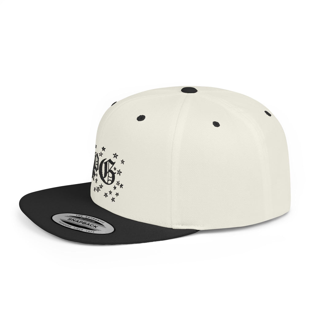 Flat Bill Snapback Hat — Gothic "PG" Monogram with Star Cluster