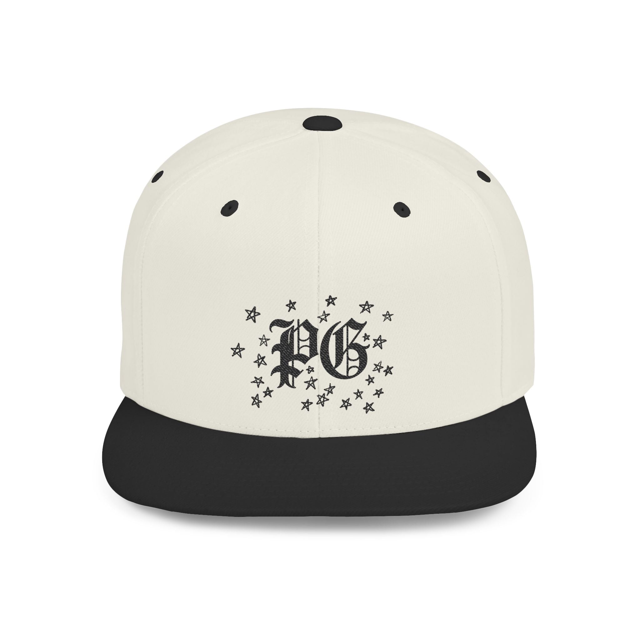 Flat Bill Snapback Hat — Gothic "PG" Monogram with Star Cluster