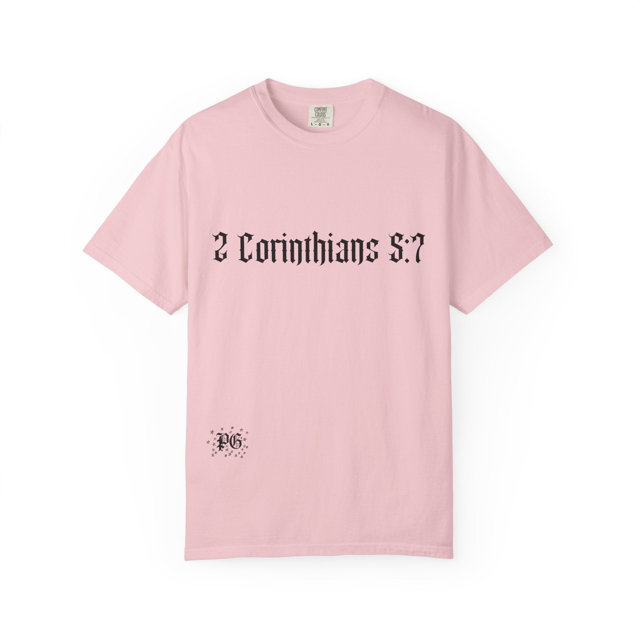 2 Corinthians 5:7 T‑Shirt — Faith Typography Tee with Walking Figure Back