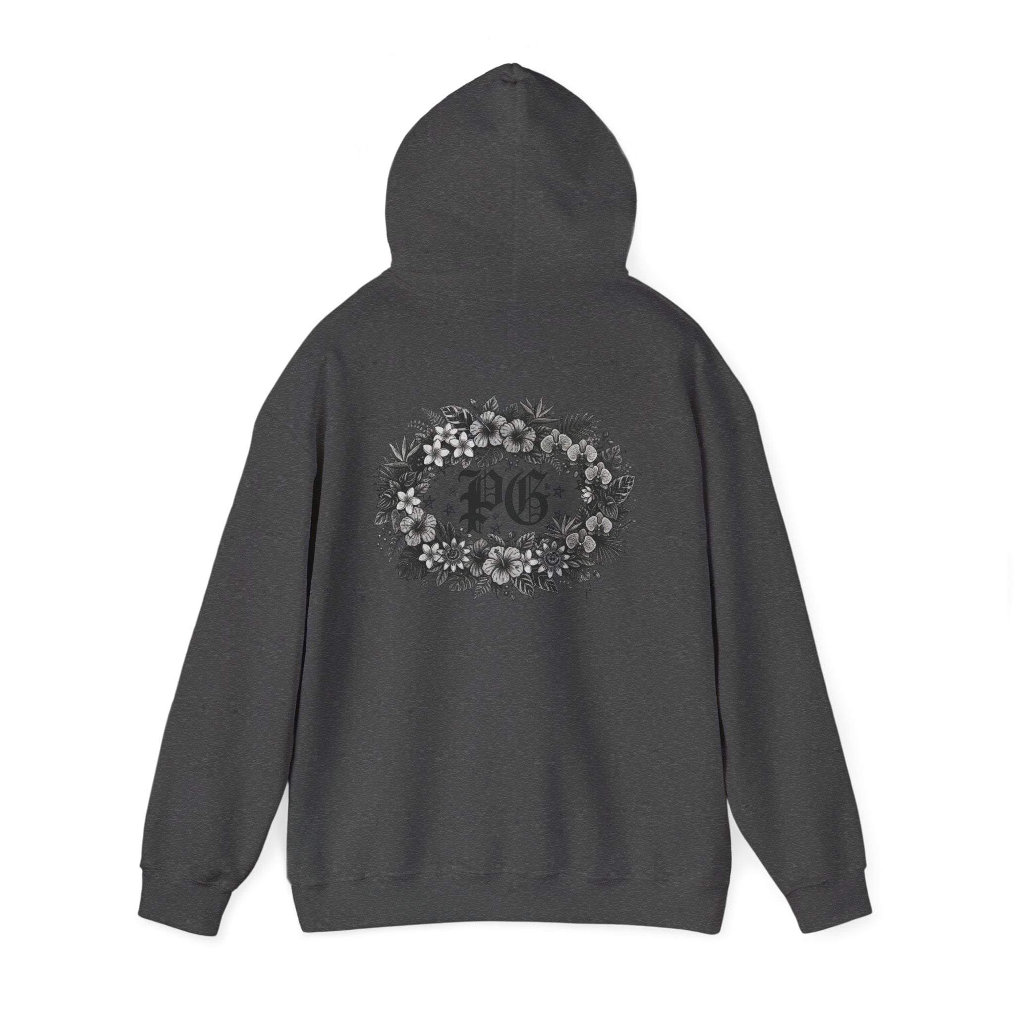 Floral Monogram Hoodie — 'PG' Gothic Letter Garden Back Print