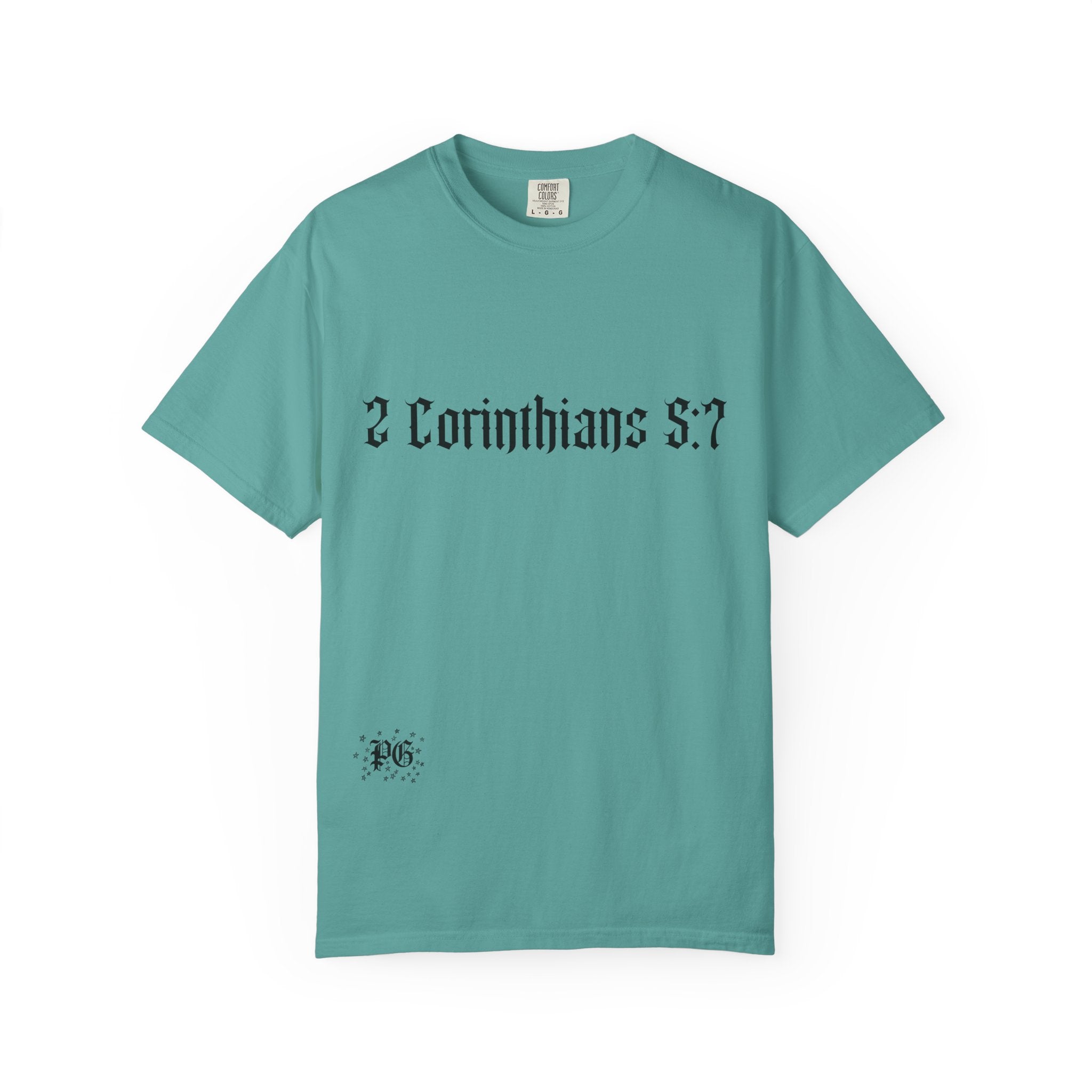 2 Corinthians 5:7 T‑Shirt — Faith Typography Tee with Walking Figure Back