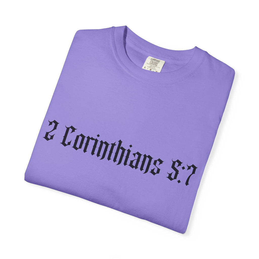 2 Corinthians 5:7 T‑Shirt — Faith Typography Tee with Walking Figure Back