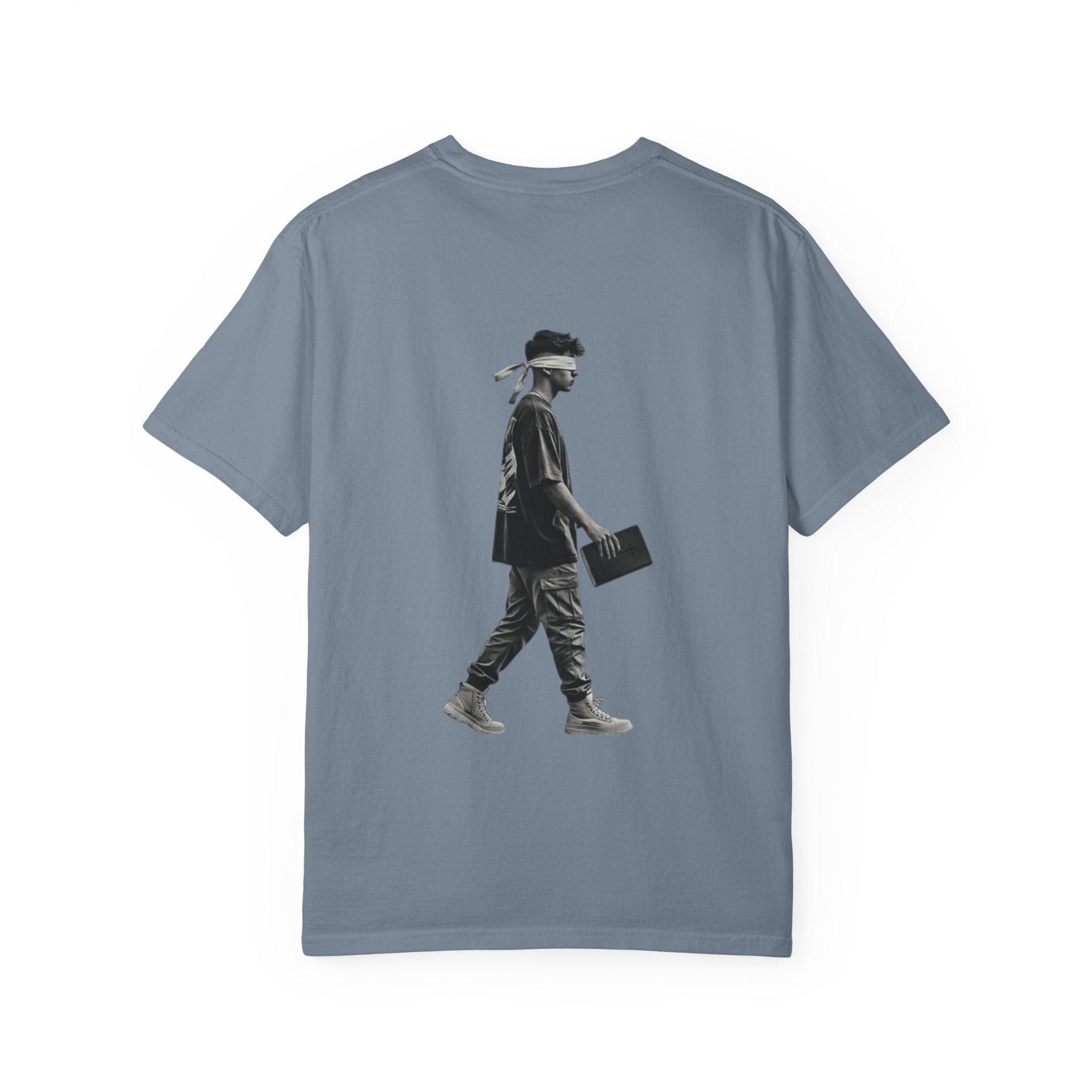 2 Corinthians 5:7 T‑Shirt — Faith Typography Tee with Walking Figure Back