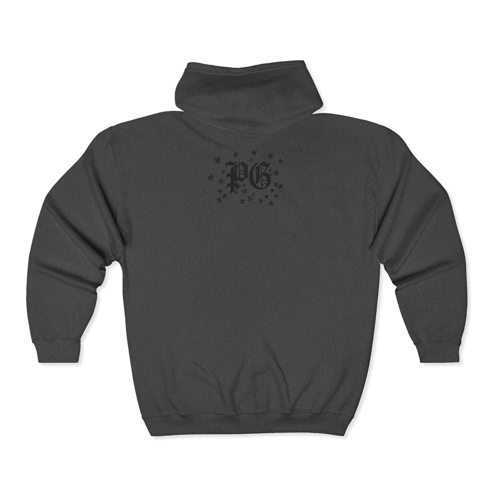Floral Gothic Zip Hoodie — Monochrome Plumeria & Star Back Print