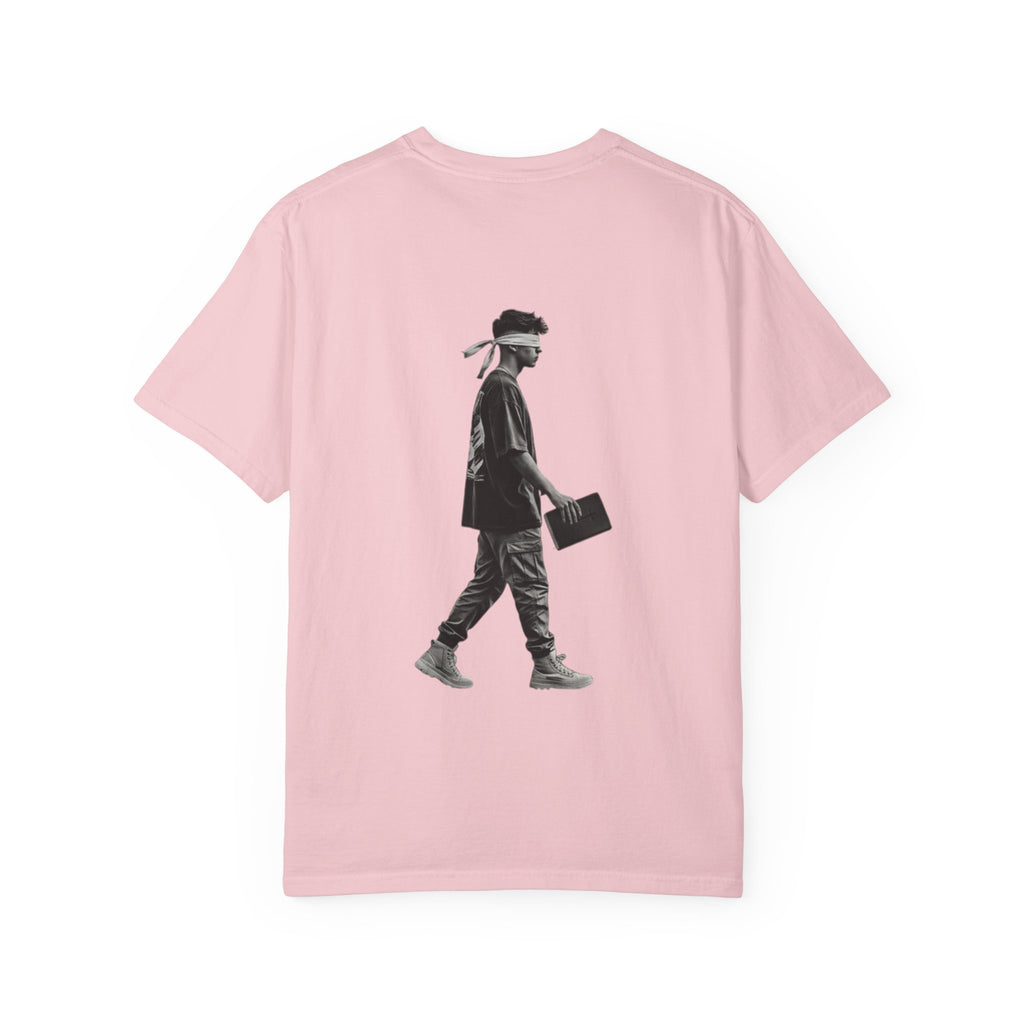 2 Corinthians 5:7 T‑Shirt — Faith Typography Tee with Walking Figure Back