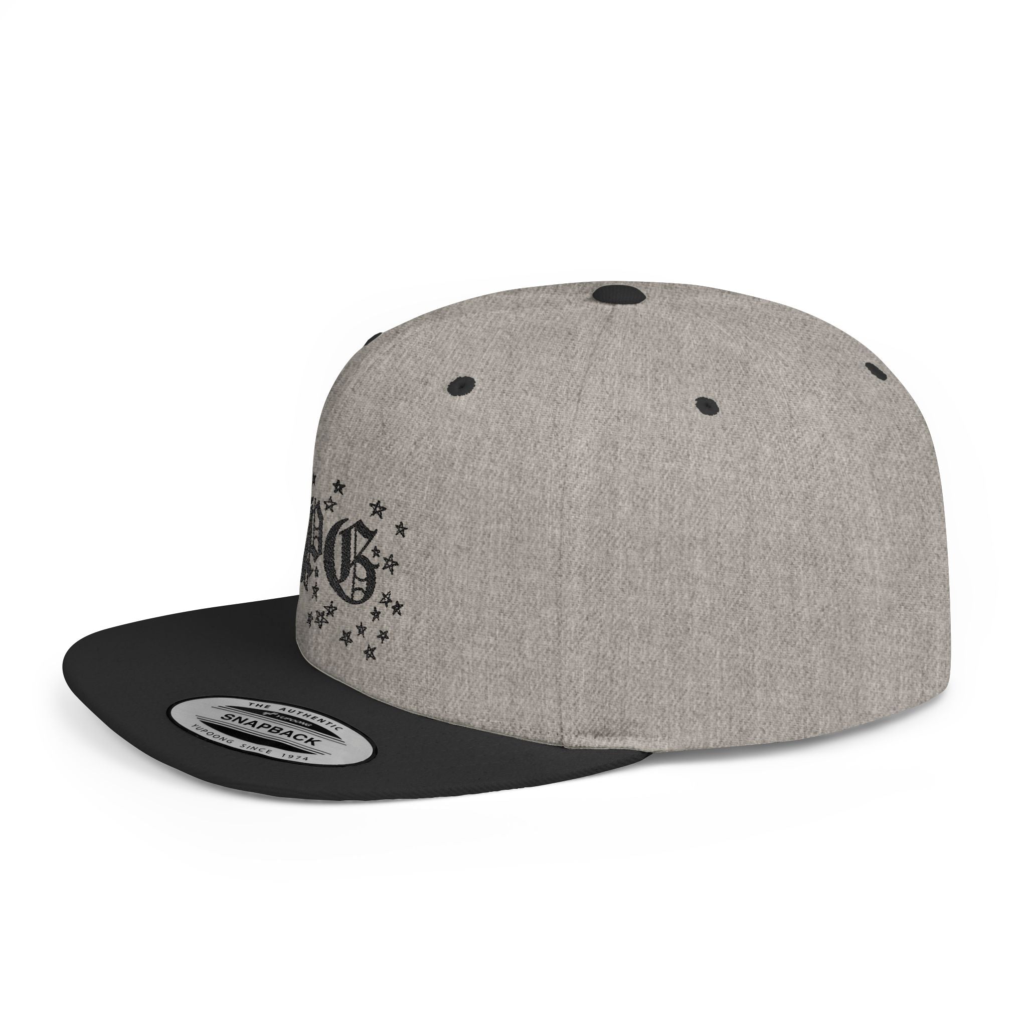 Flat Bill Snapback Hat — Gothic "PG" Monogram with Star Cluster