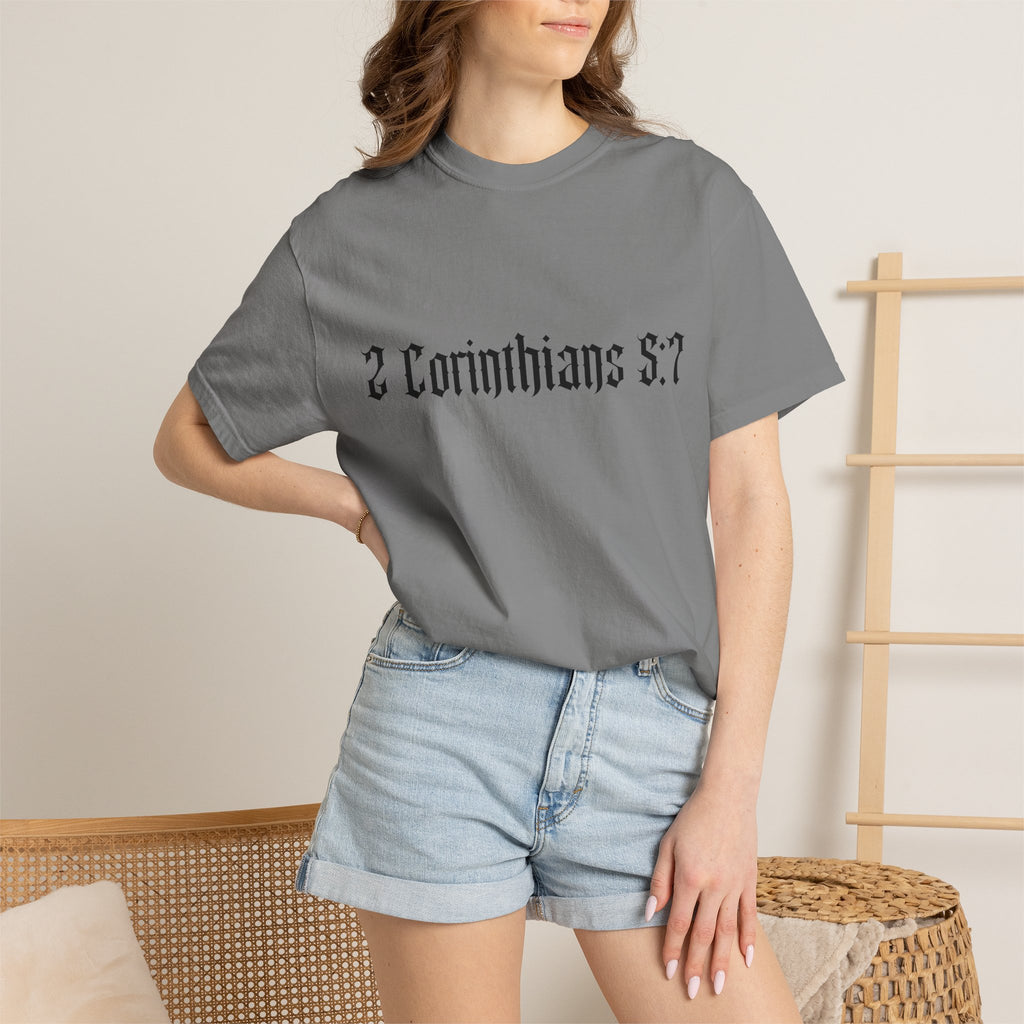 2 Corinthians 5:7 T‑Shirt — Faith Typography Tee with Walking Figure Back