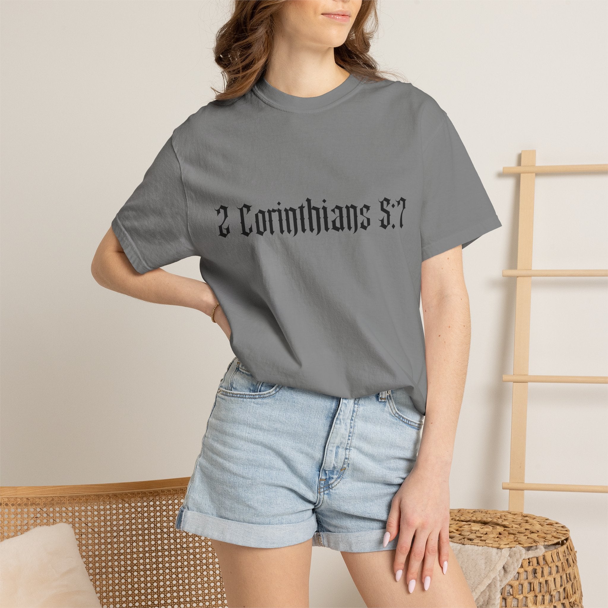 2 Corinthians 5:7 T‑Shirt — Faith Typography Tee with Walking Figure Back