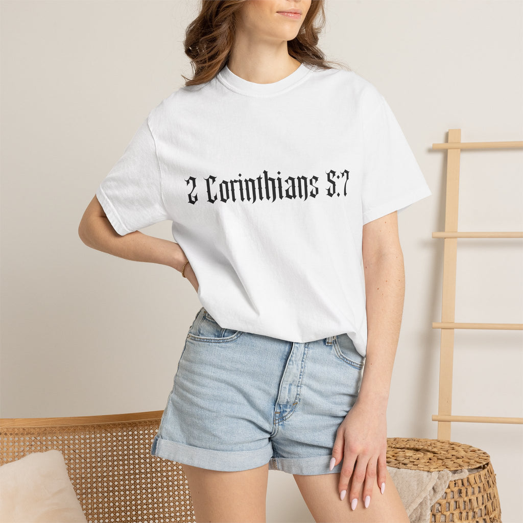 2 Corinthians 5:7 T‑Shirt — Faith Typography Tee with Walking Figure Back