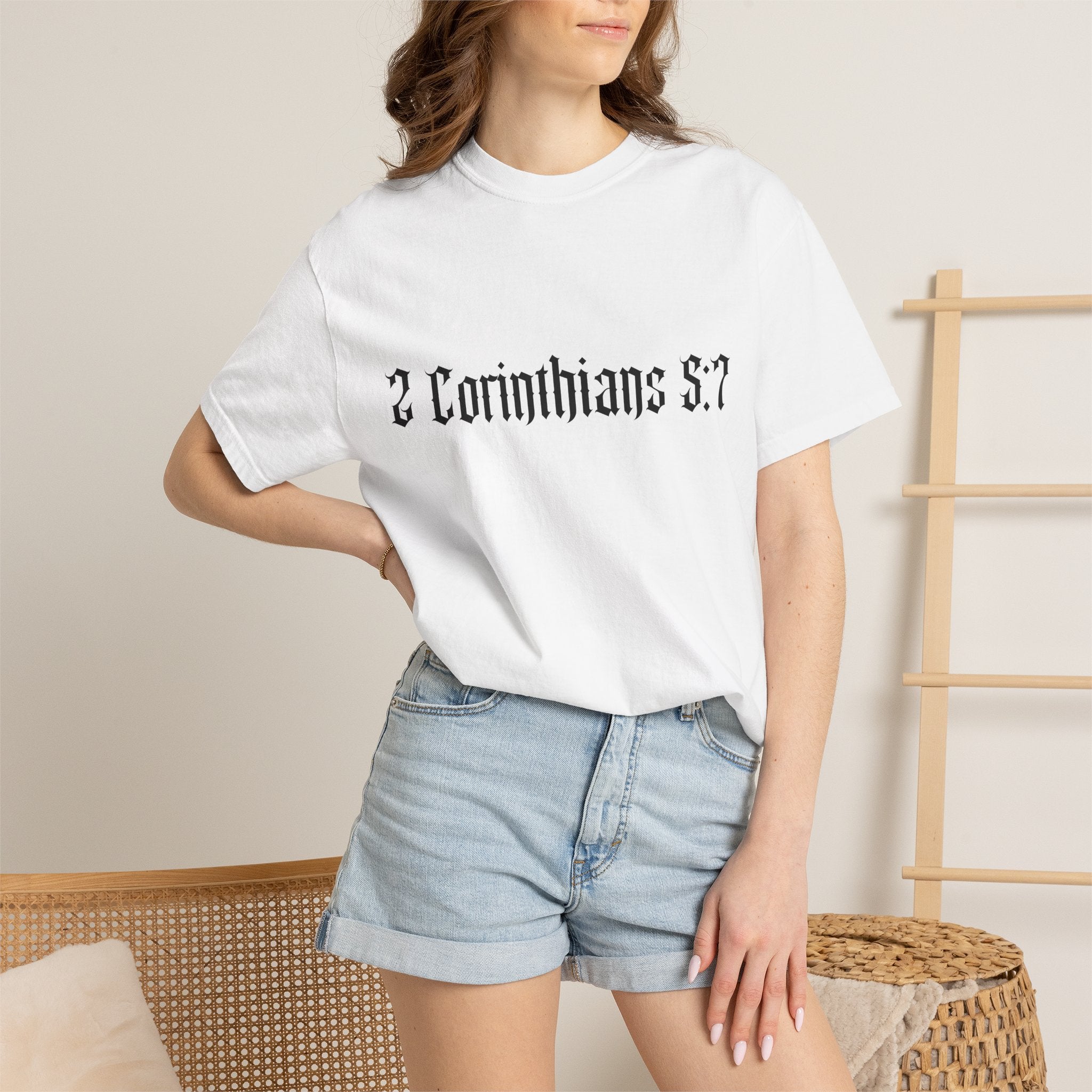 2 Corinthians 5:7 T‑Shirt — Faith Typography Tee with Walking Figure Back
