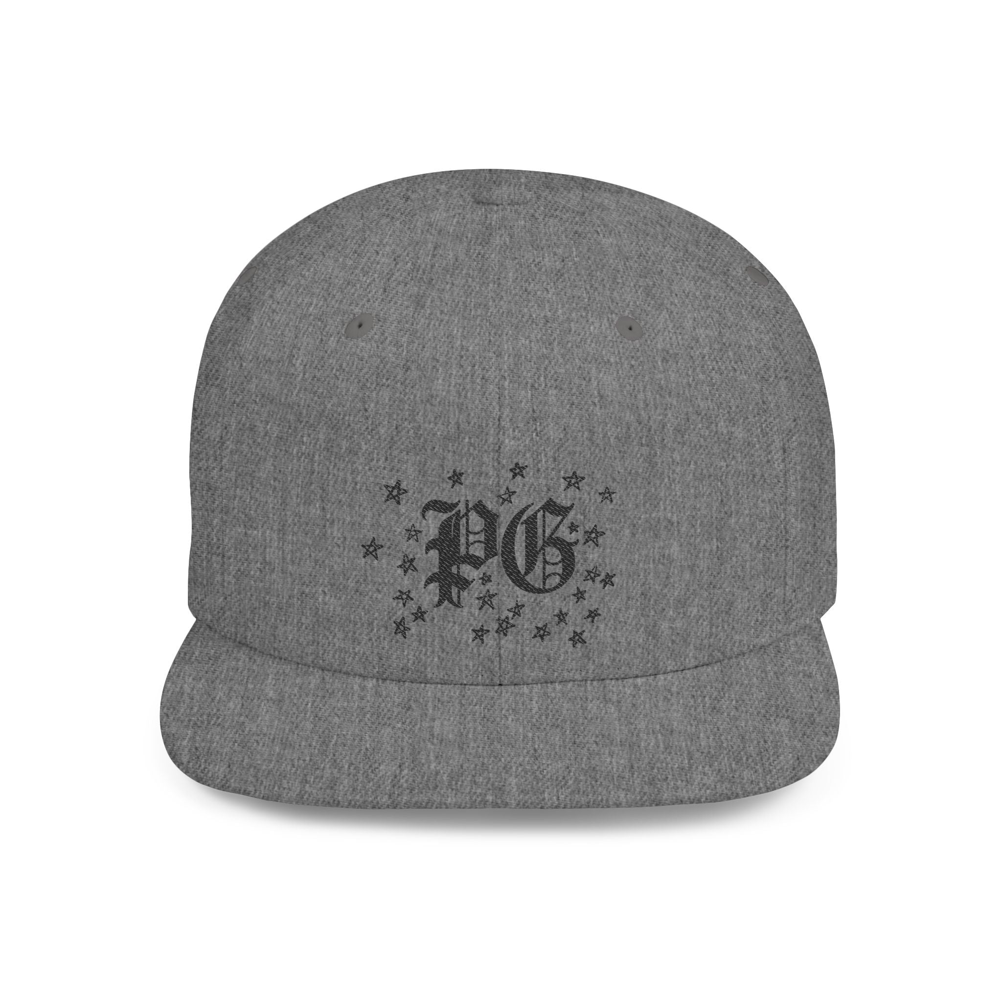 Flat Bill Snapback Hat — Gothic "PG" Monogram with Star Cluster