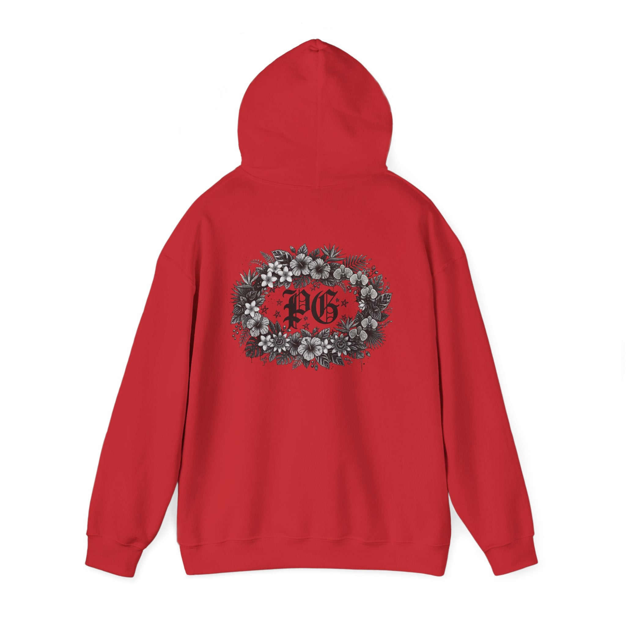 Floral Monogram Hoodie — 'PG' Gothic Letter Garden Back Print