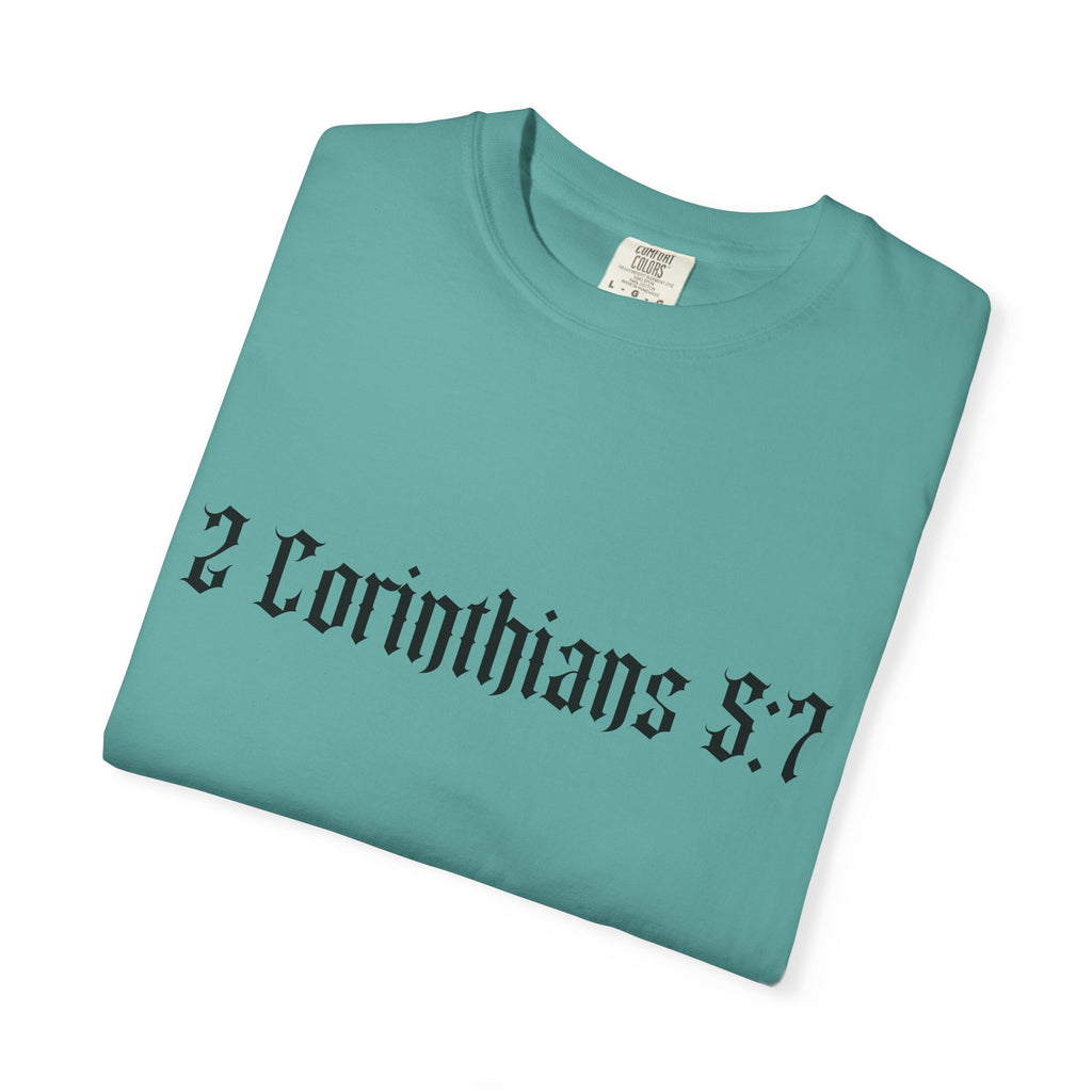 2 Corinthians 5:7 T‑Shirt — Faith Typography Tee with Walking Figure Back