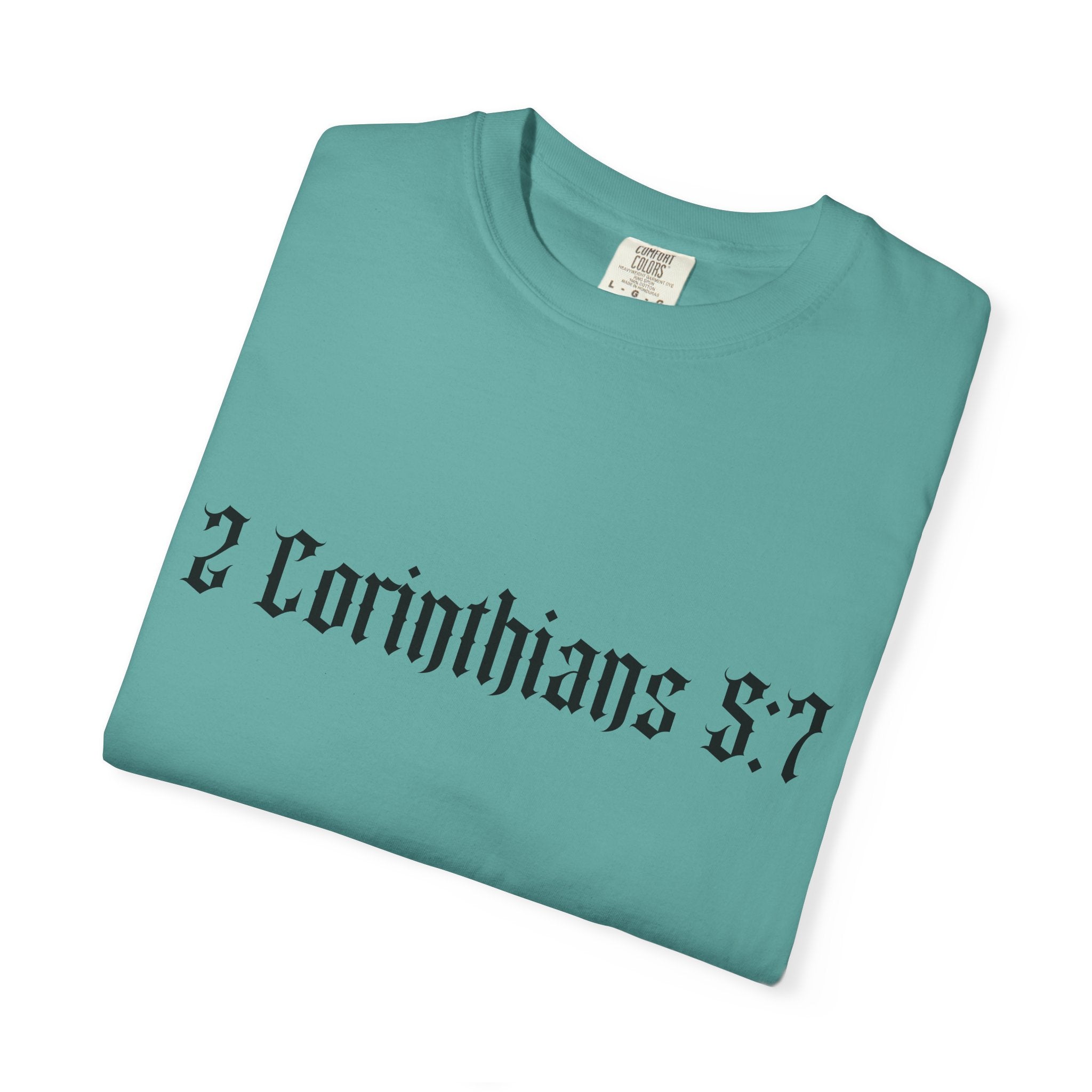 2 Corinthians 5:7 T‑Shirt — Faith Typography Tee with Walking Figure Back