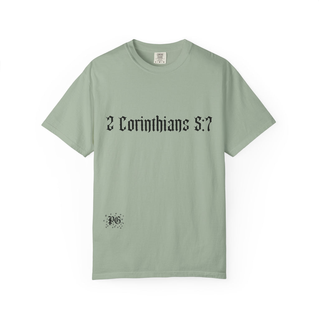 2 Corinthians 5:7 T‑Shirt — Faith Typography Tee with Walking Figure Back