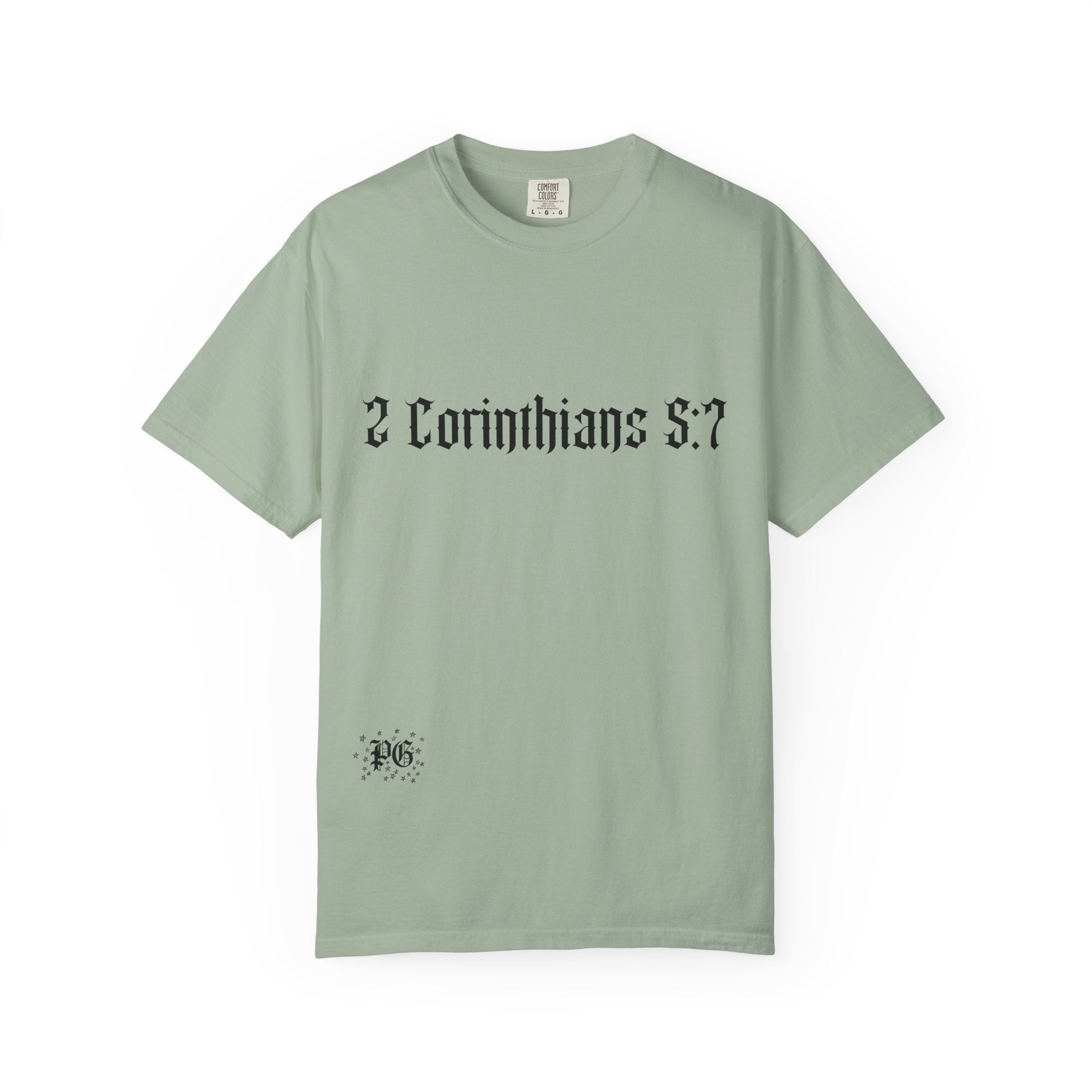 2 Corinthians 5:7 T‑Shirt — Faith Typography Tee with Walking Figure Back