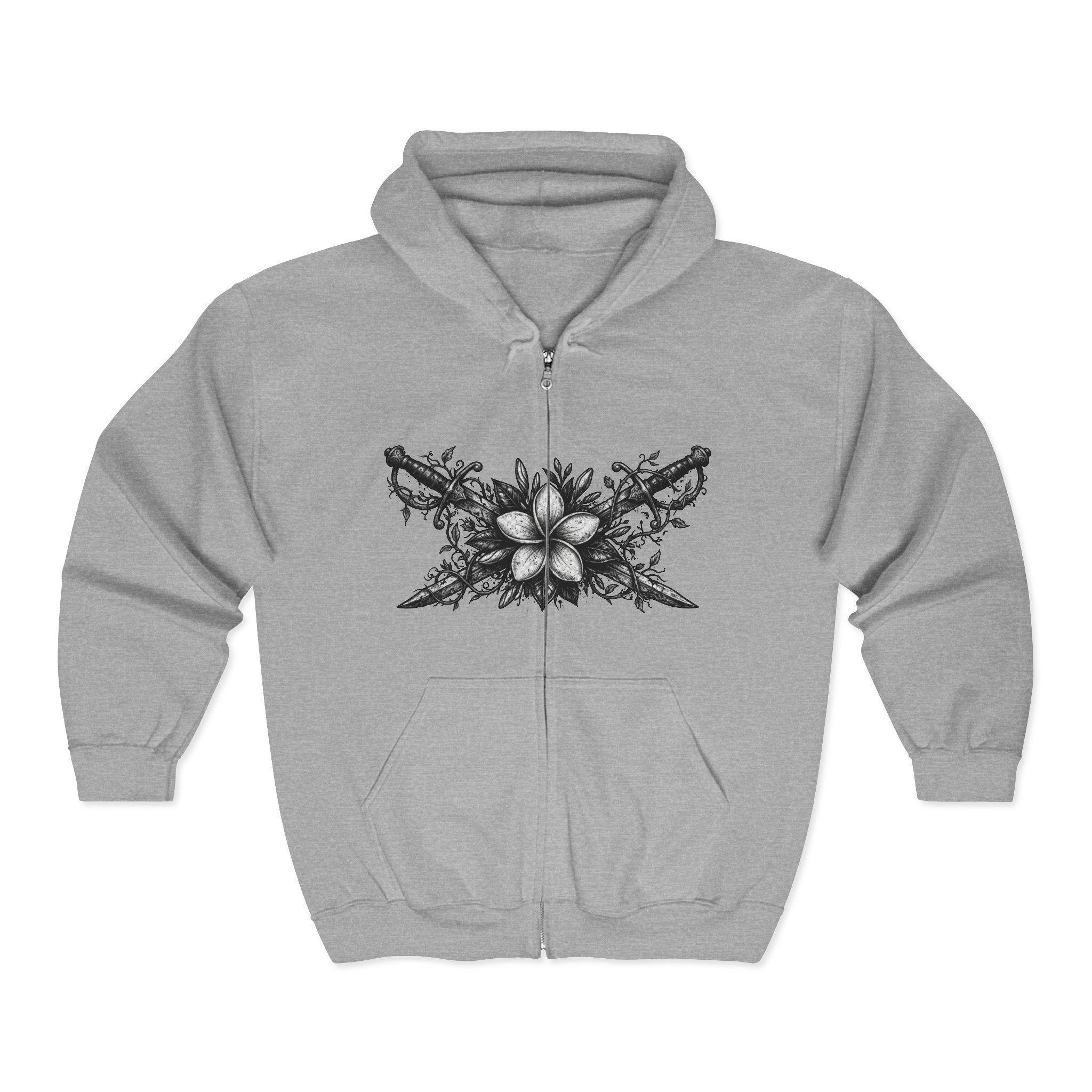 Floral Gothic Zip Hoodie — Monochrome Plumeria & Star Back Print