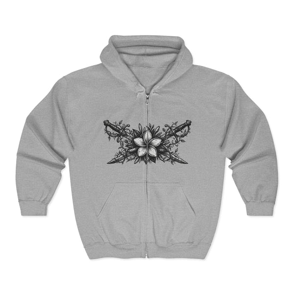 Floral Gothic Zip Hoodie — Monochrome Plumeria & Star Back Print