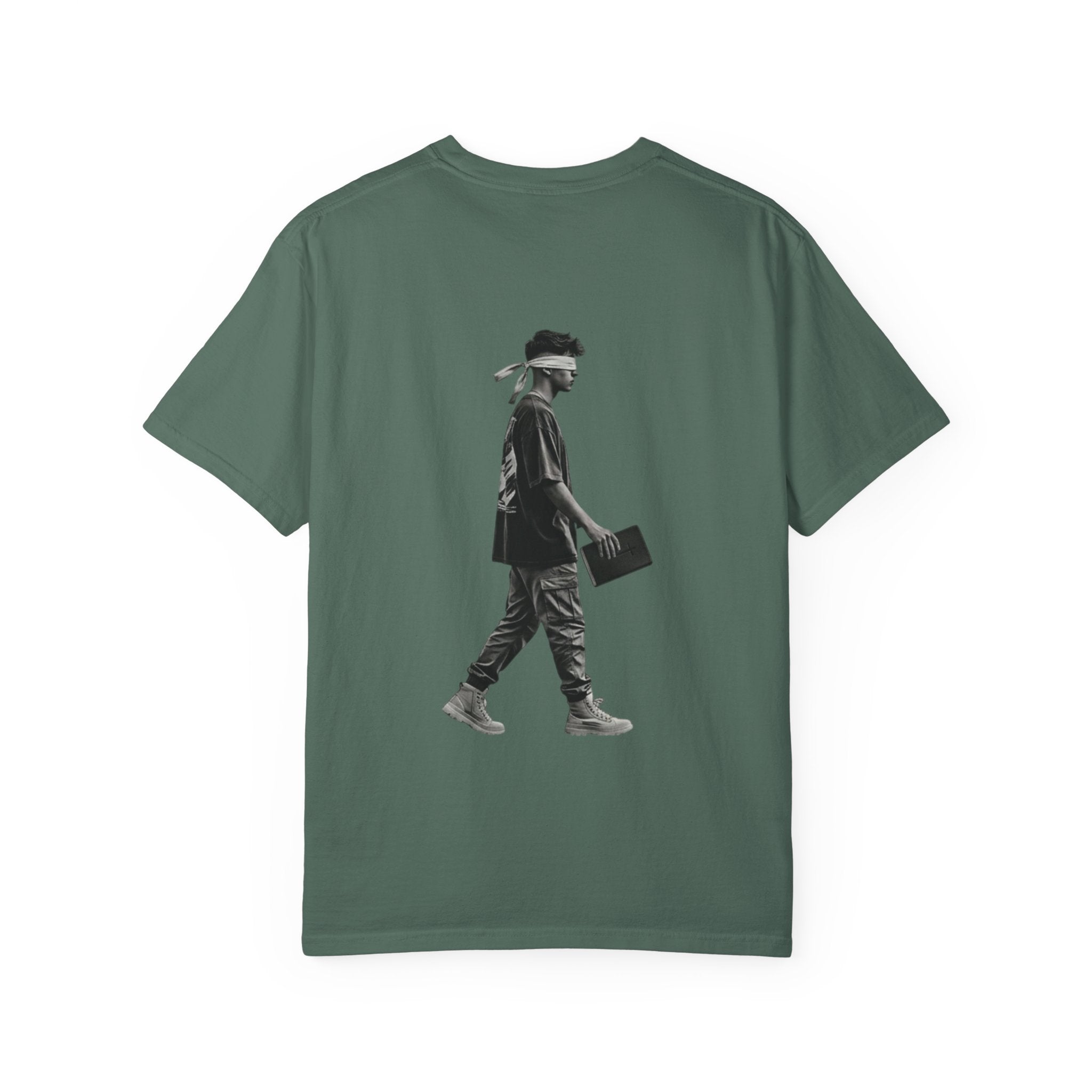 2 Corinthians 5:7 T‑Shirt — Faith Typography Tee with Walking Figure Back