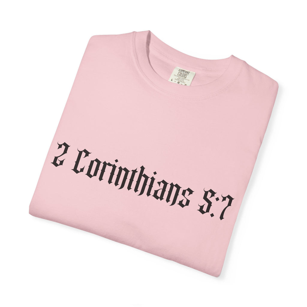 2 Corinthians 5:7 T‑Shirt — Faith Typography Tee with Walking Figure Back
