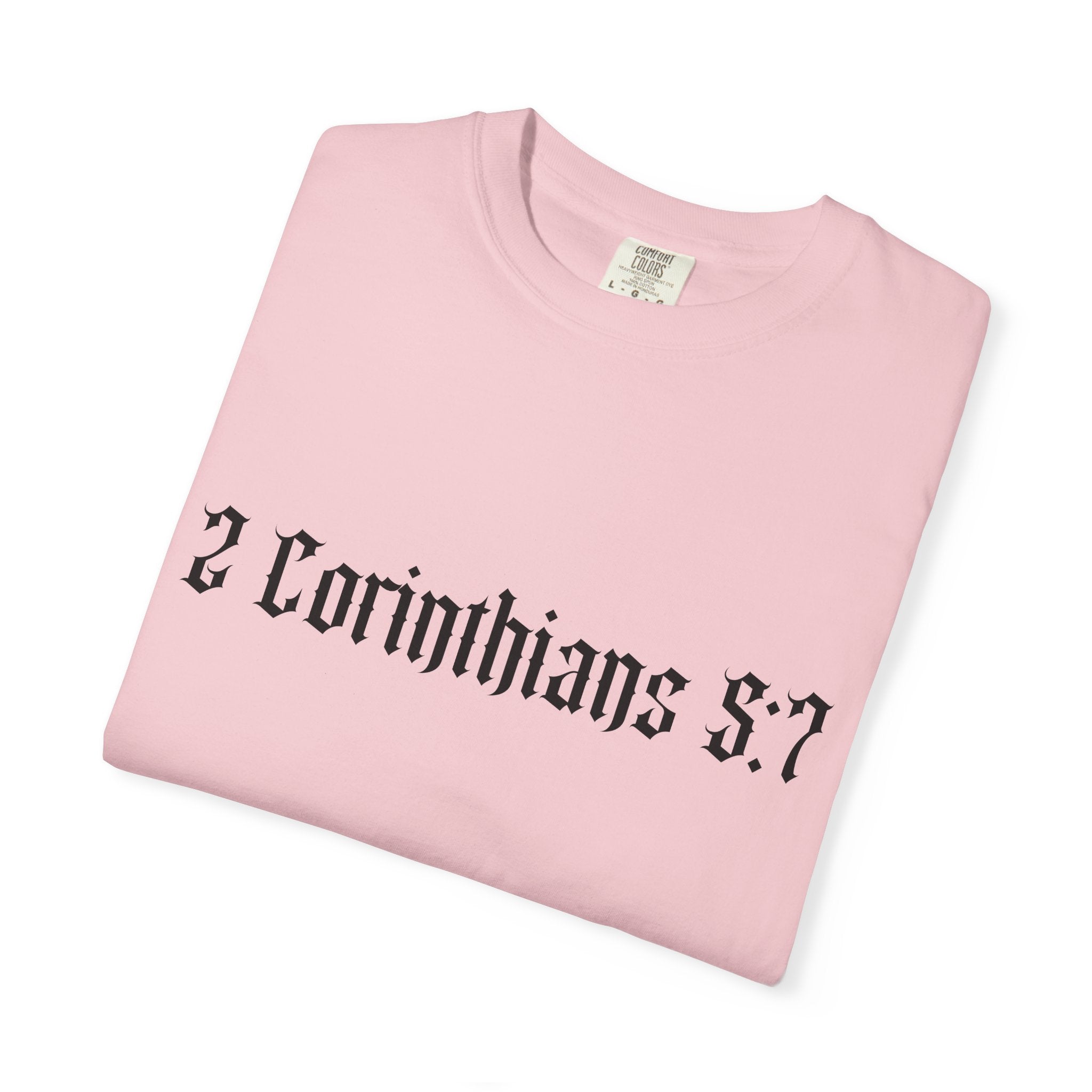 2 Corinthians 5:7 T‑Shirt — Faith Typography Tee with Walking Figure Back