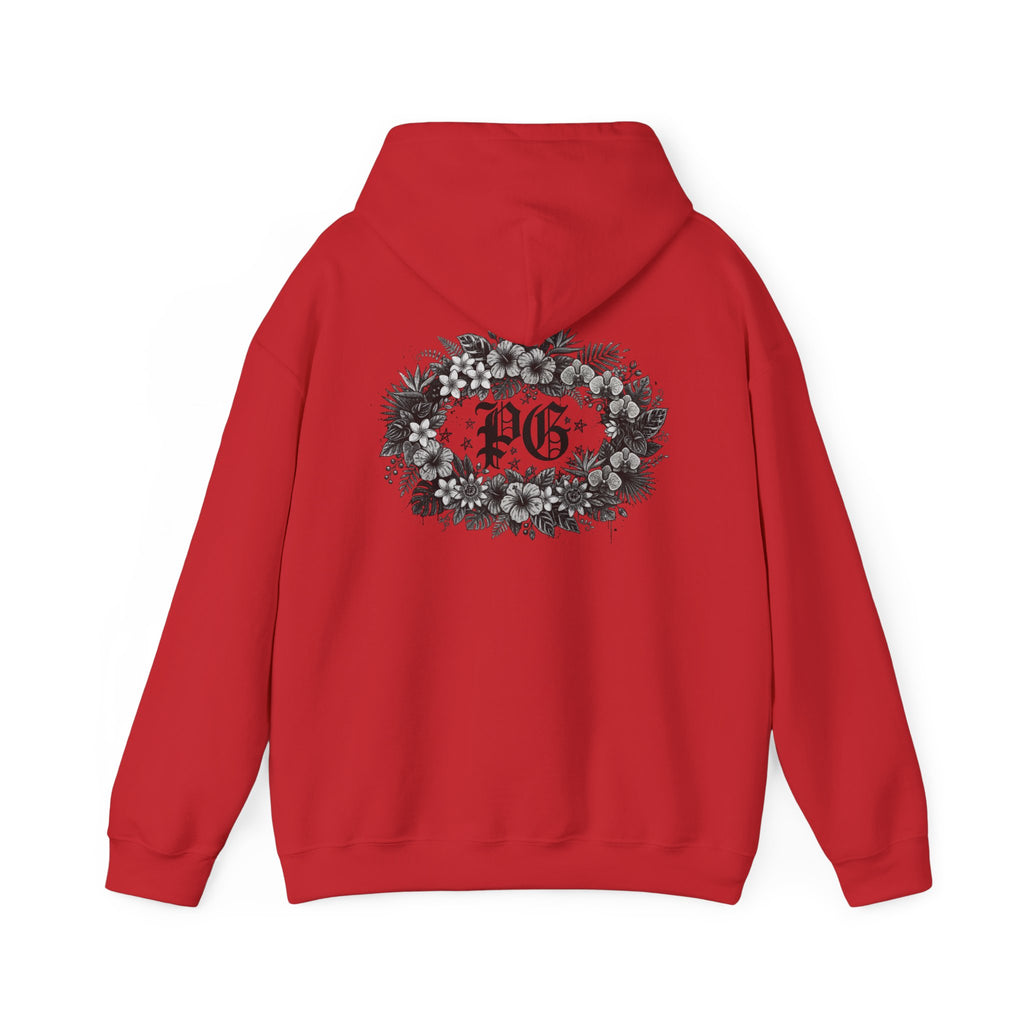 Floral Monogram Hoodie — 'PG' Gothic Letter Garden Back Print