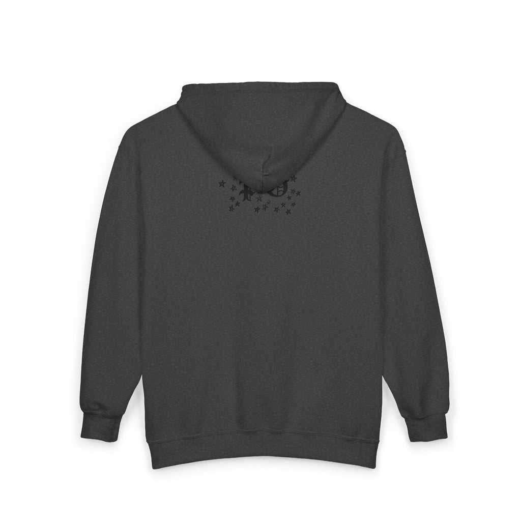 Floral Gothic Zip Hoodie — Monochrome Plumeria & Star Back Print