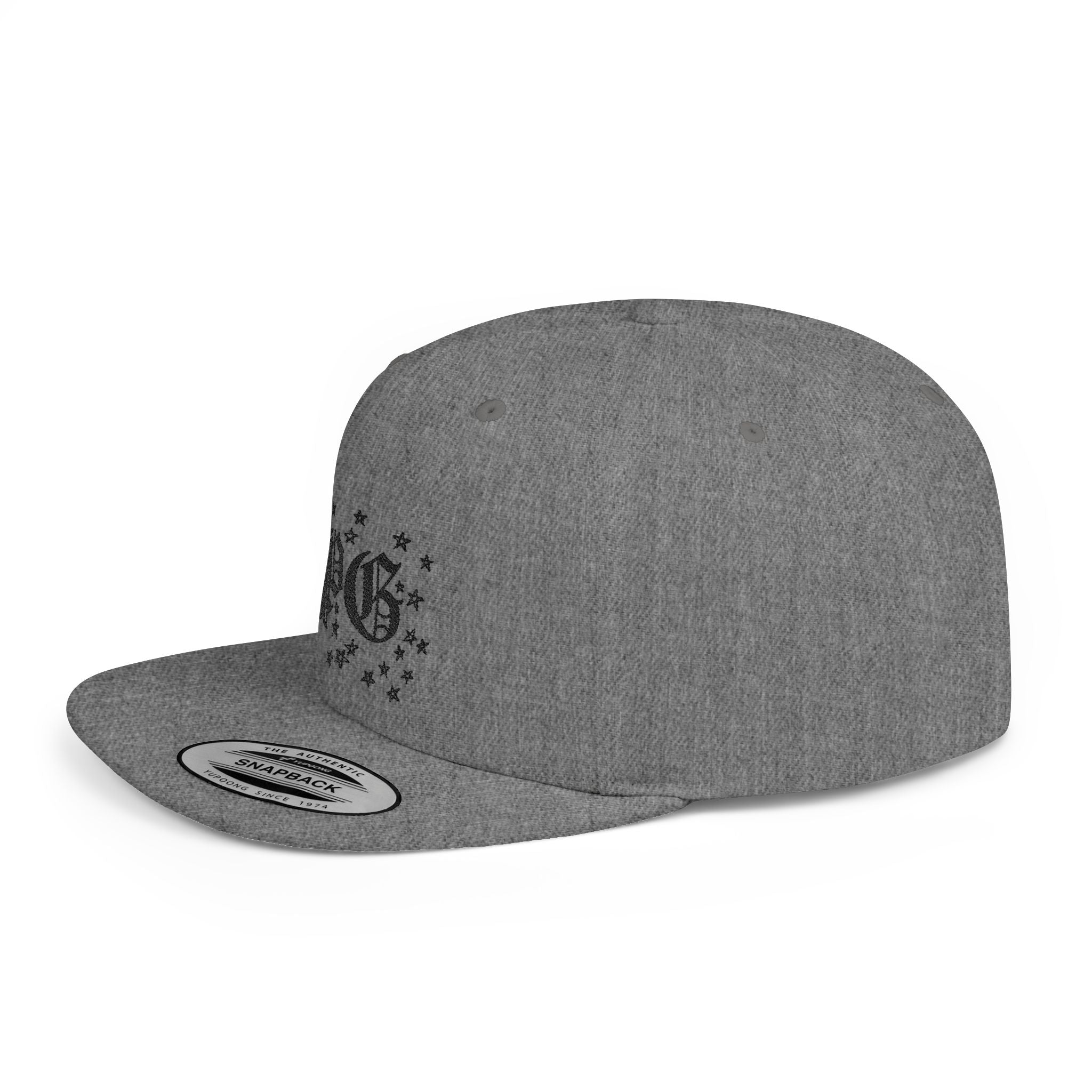 Flat Bill Snapback Hat — Gothic "PG" Monogram with Star Cluster