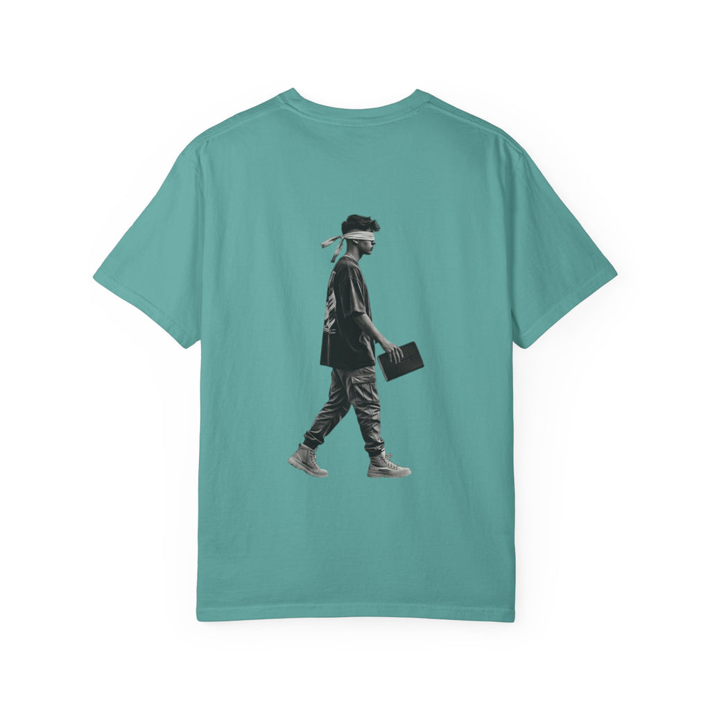 2 Corinthians 5:7 T‑Shirt — Faith Typography Tee with Walking Figure Back