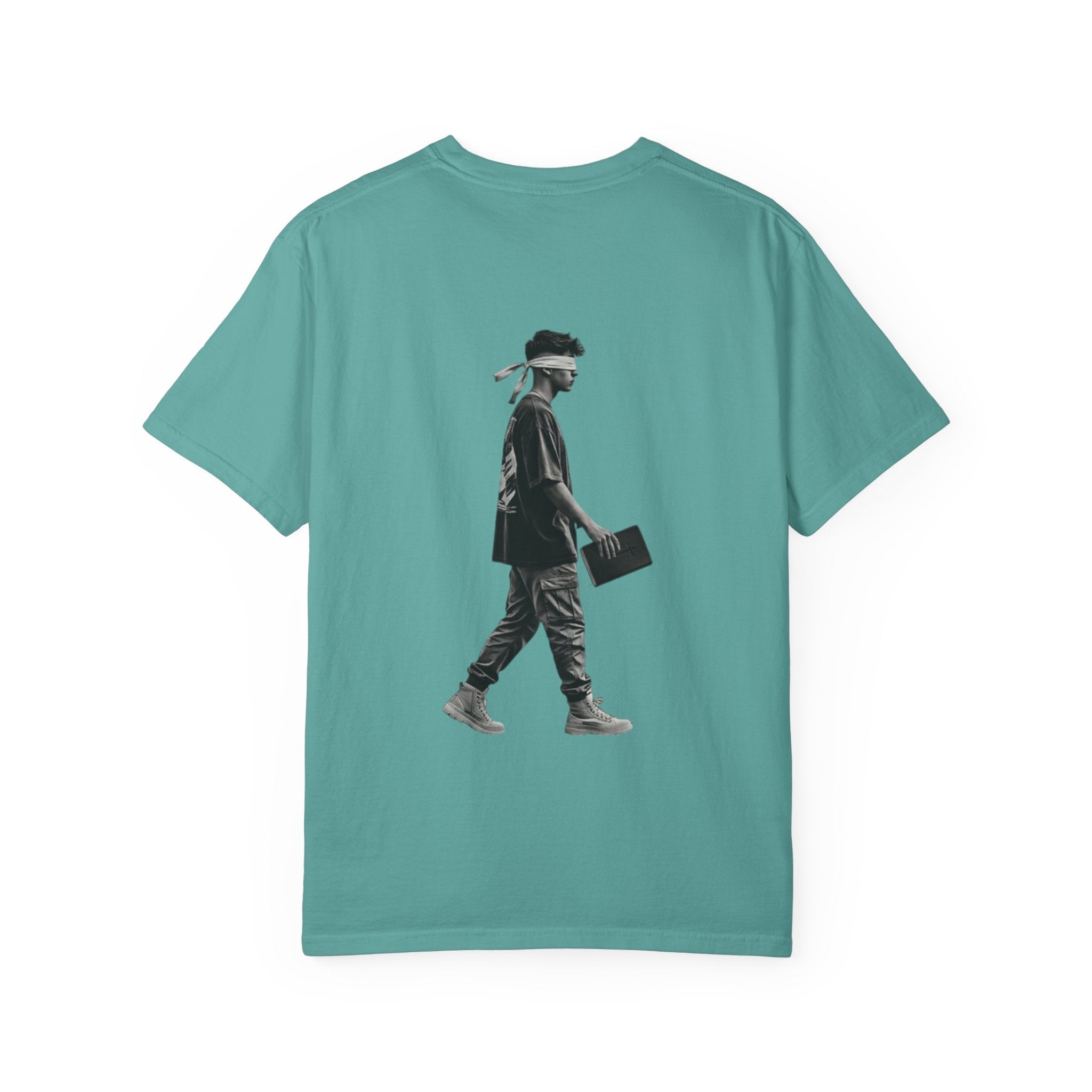 2 Corinthians 5:7 T‑Shirt — Faith Typography Tee with Walking Figure Back