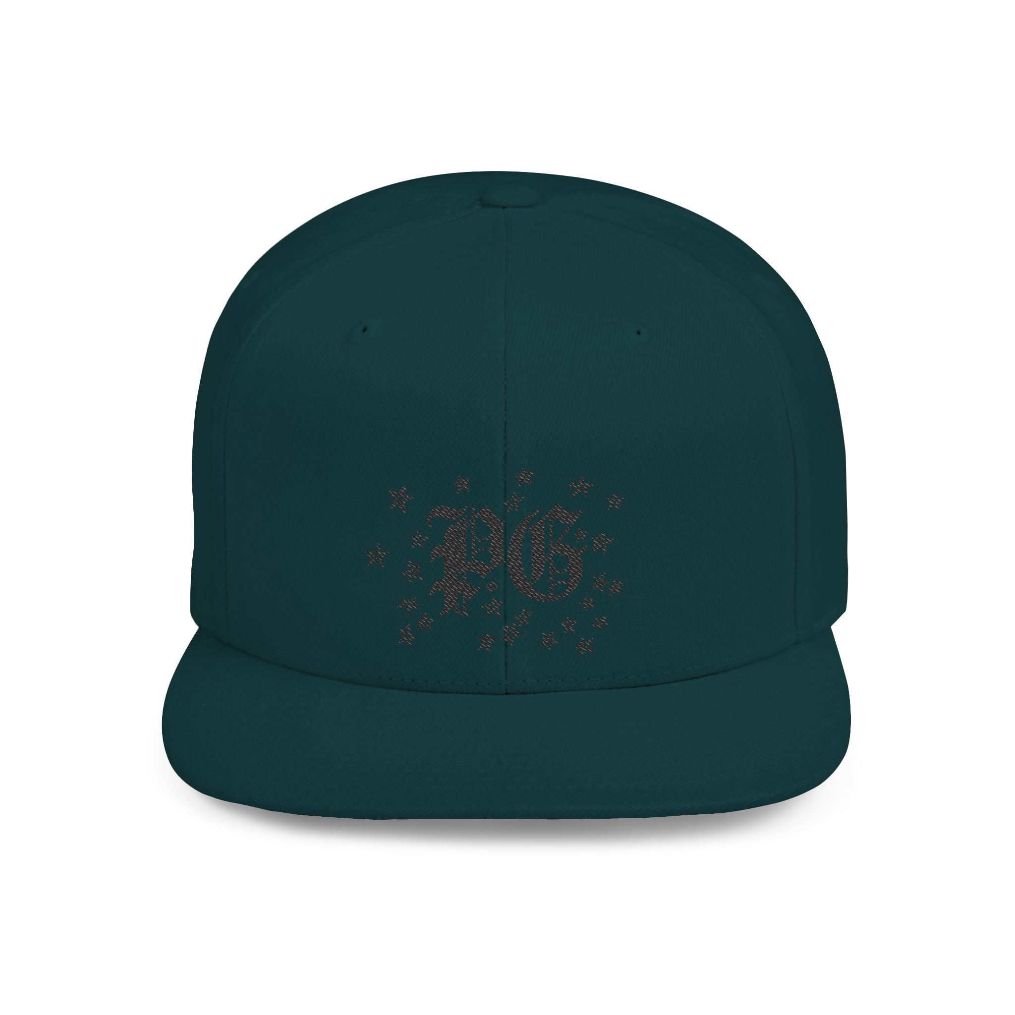 Flat Bill Snapback Hat — Gothic "PG" Monogram with Star Cluster
