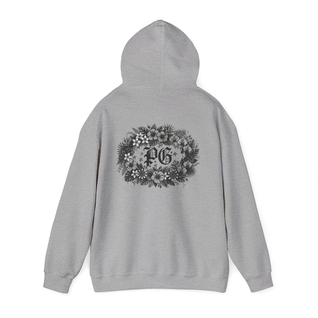 Floral Monogram Hoodie — 'PG' Gothic Letter Garden Back Print