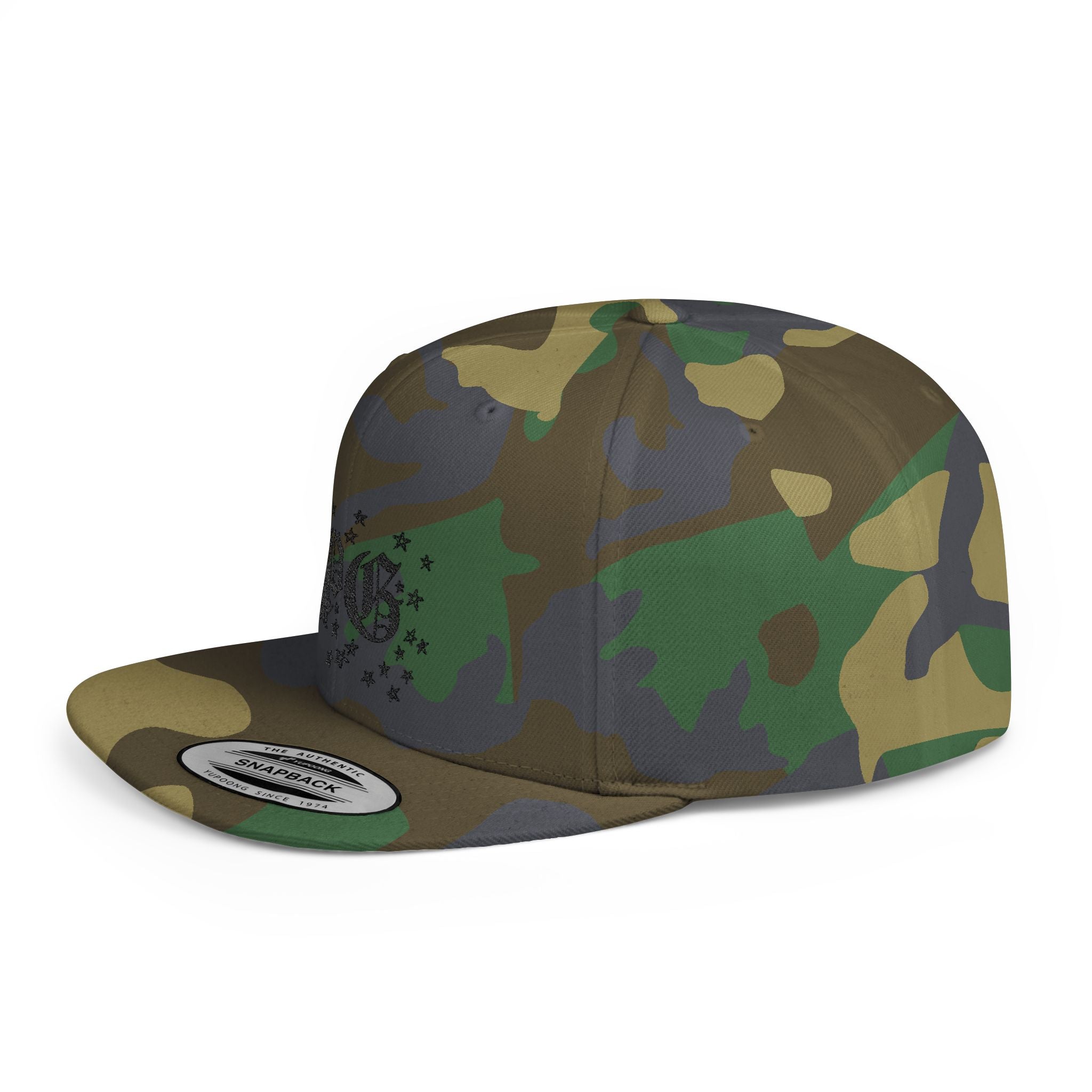 Flat Bill Snapback Hat — Gothic "PG" Monogram with Star Cluster