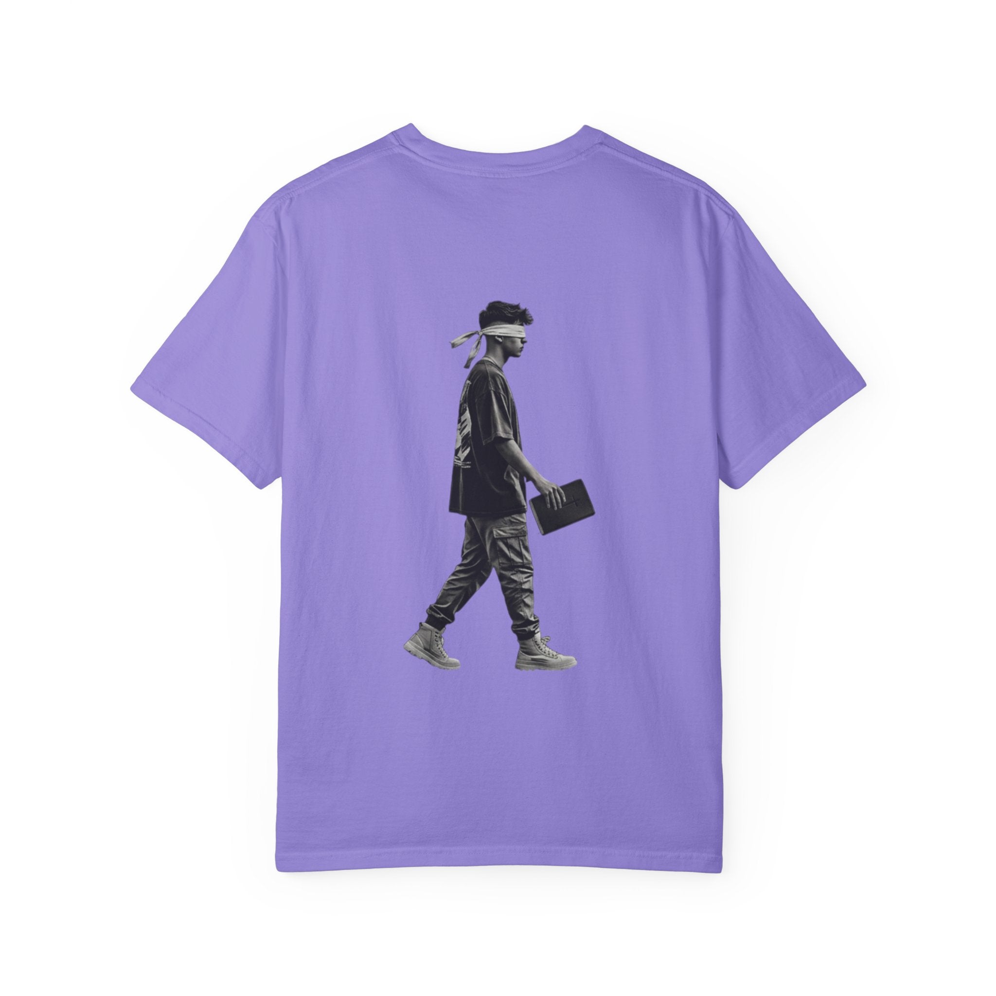 2 Corinthians 5:7 T‑Shirt — Faith Typography Tee with Walking Figure Back