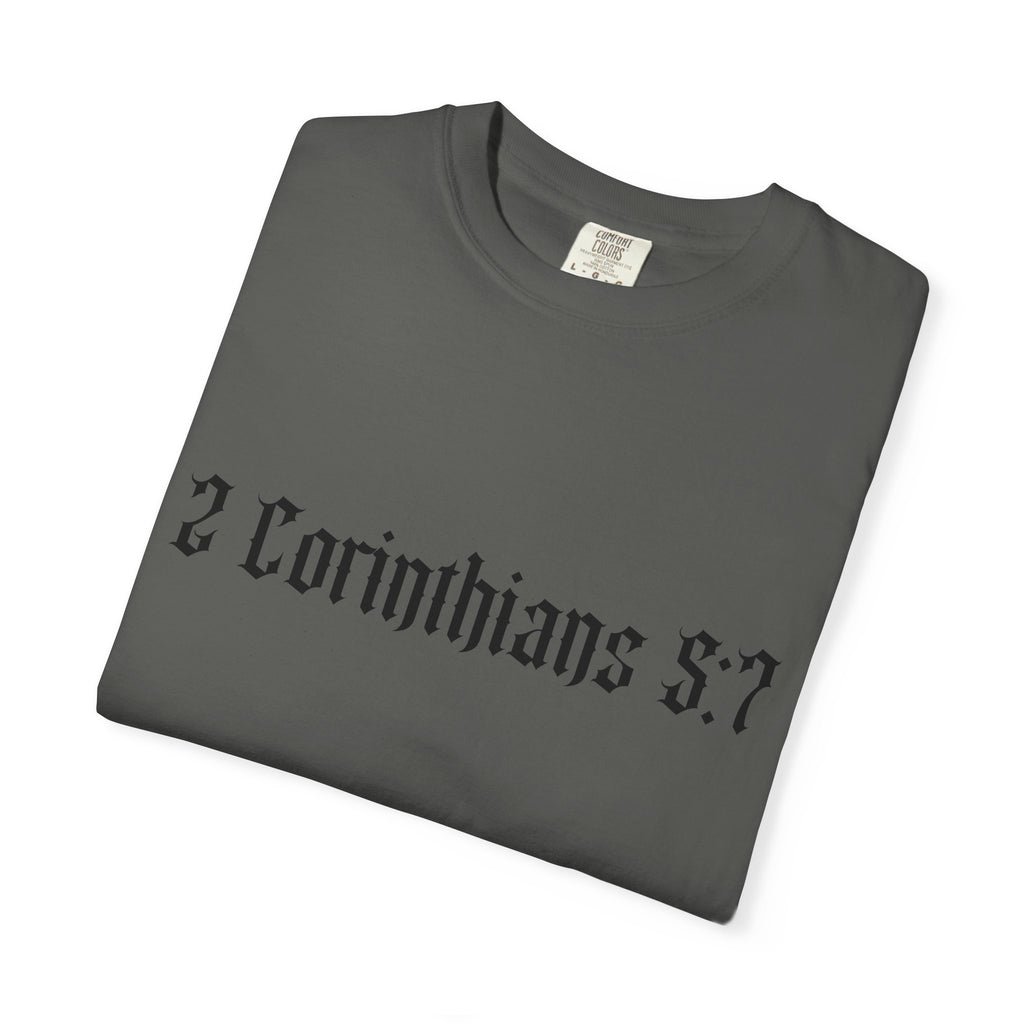 2 Corinthians 5:7 T‑Shirt — Faith Typography Tee with Walking Figure Back