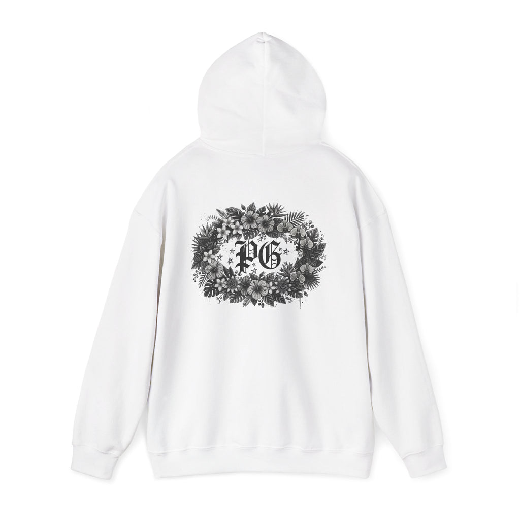 Floral Monogram Hoodie — 'PG' Gothic Letter Garden Back Print