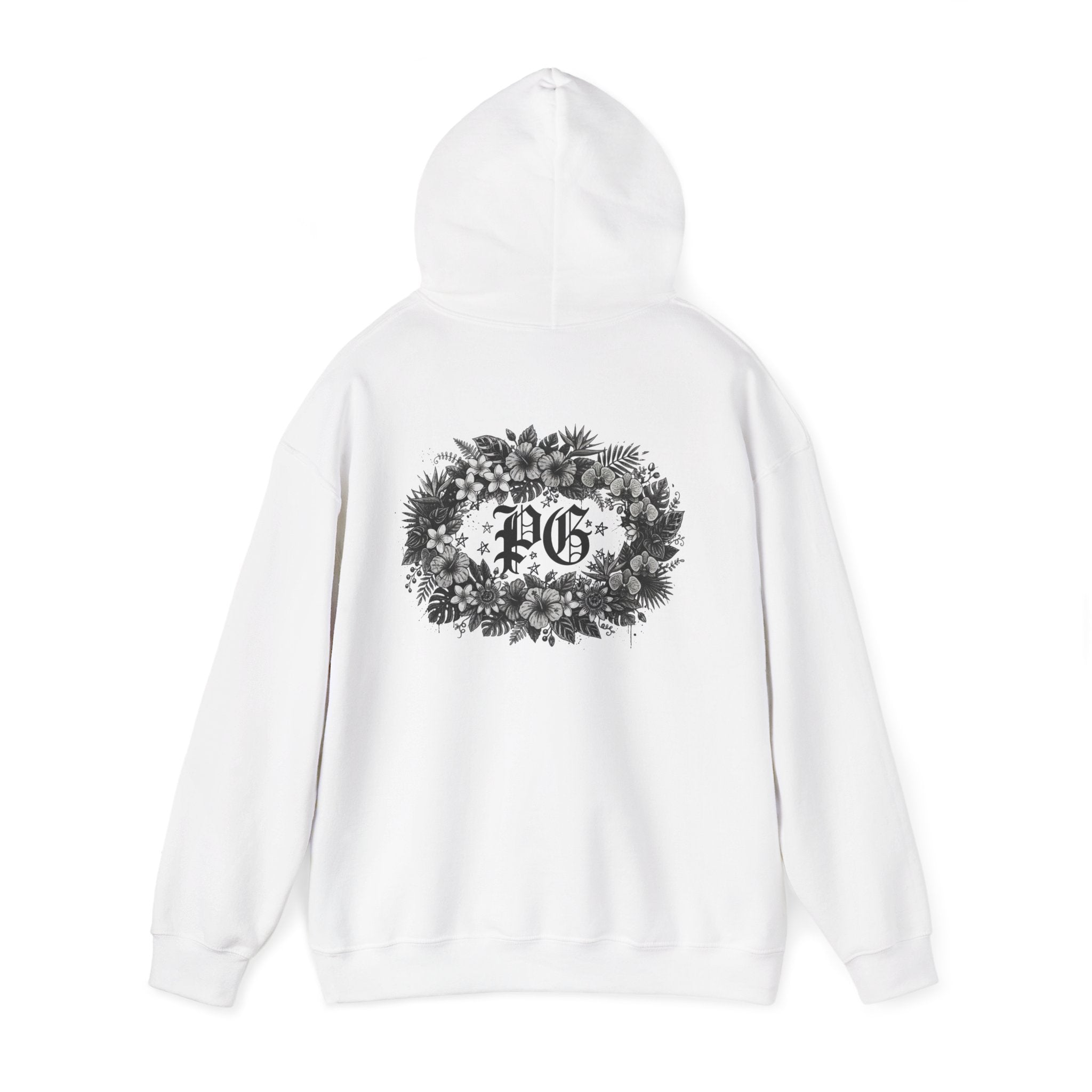 Floral Monogram Hoodie — 'PG' Gothic Letter Garden Back Print