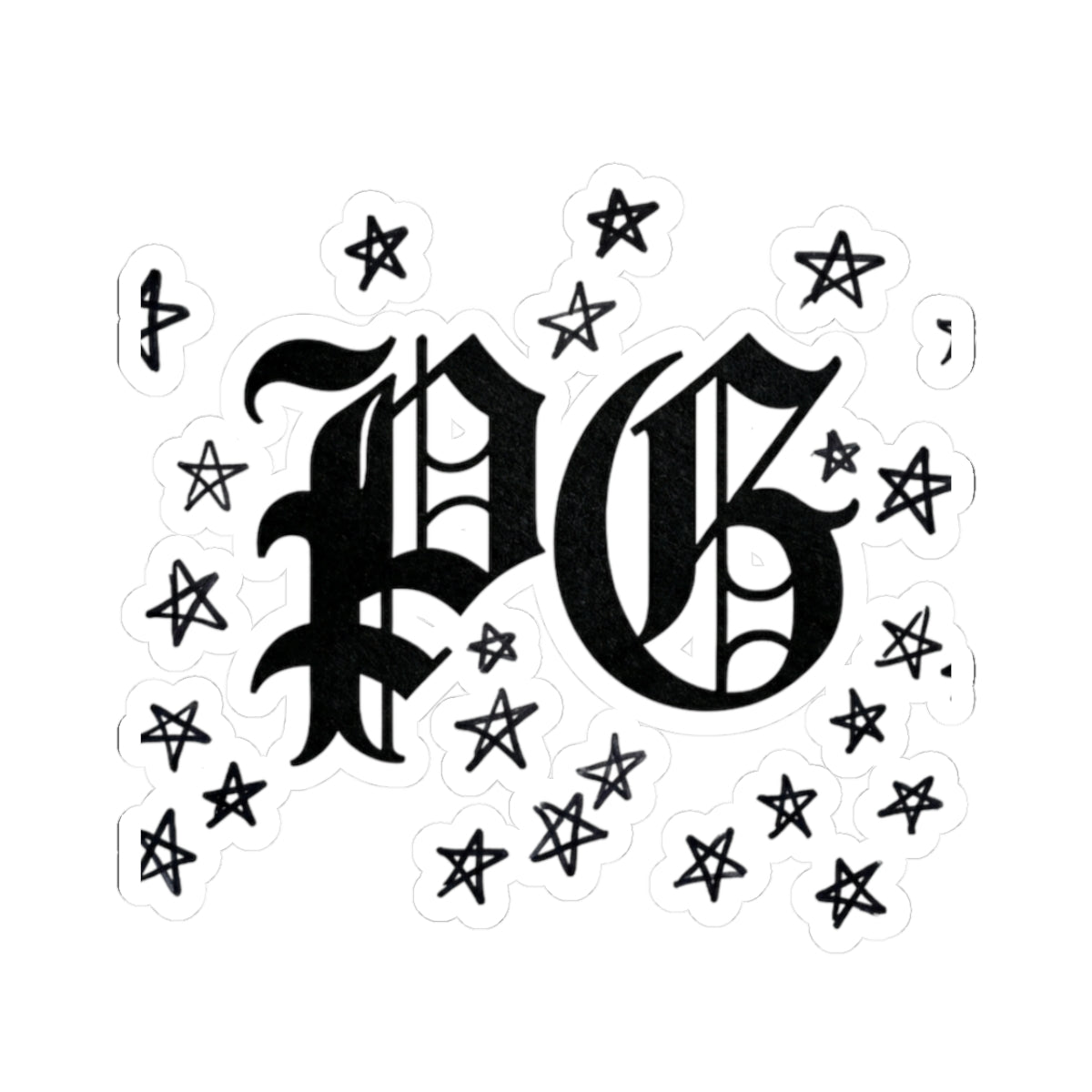 PG Gothic Monogram Sticker — Kiss-Cut Star Scatter Laptop Decal